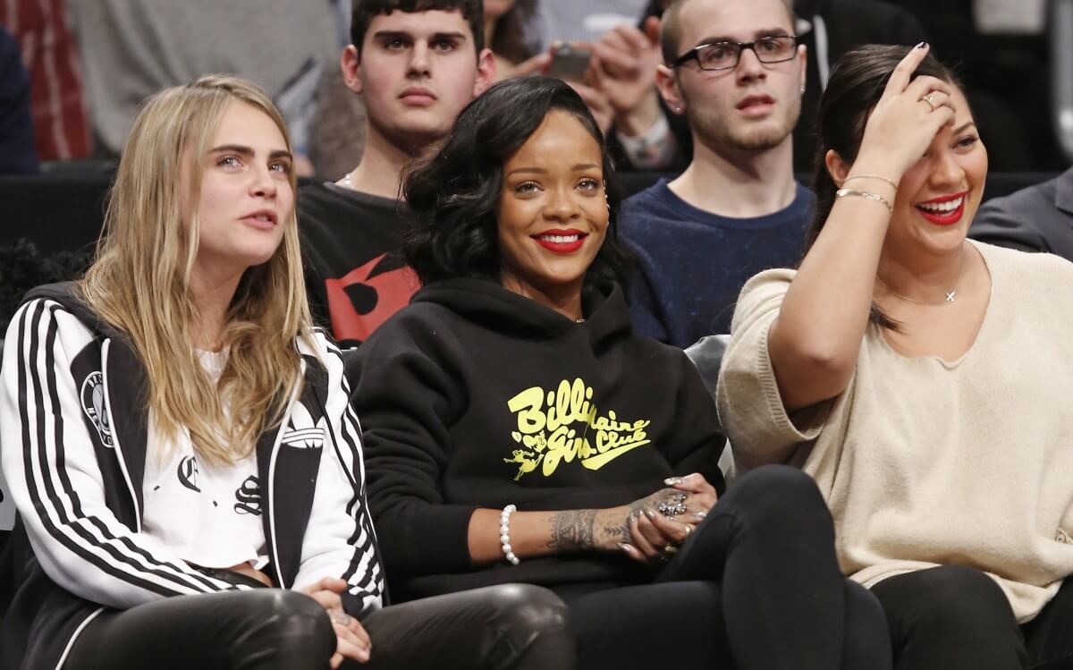 Rihanna sits courtside at Barclays Center. (AP)
