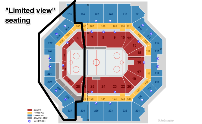 "Limited view" sections of Barclays Center's seating chart.