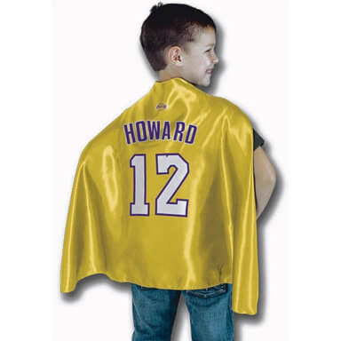 Dwight Howard Lakers Cape Description from the store: 'Superhero' cape 100% Polyester fabric Dimensions: 24" x 38" Made in China Officially licensed One size fits most Team-colored cape displays NBA player's name and number on the back Mike's Take: Letting your kid wear a cape to school guarantees a rough childhood. Letting your kid wear a Dwight Howard Lakers cape to school almost guarantees they don’t survive childhood.